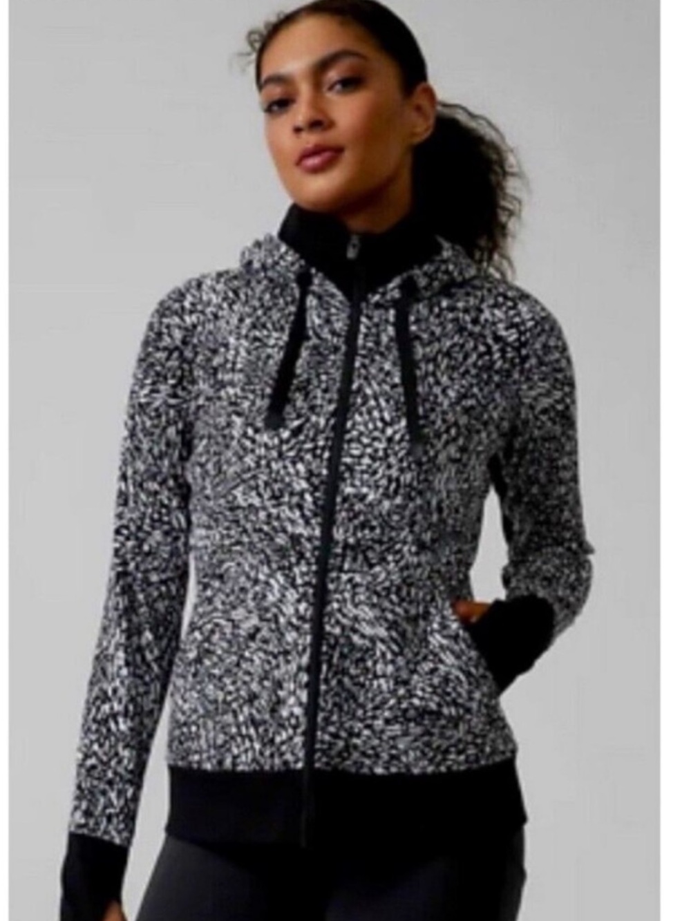 Athleta Black and White Marled Bomber Jacket with Hood